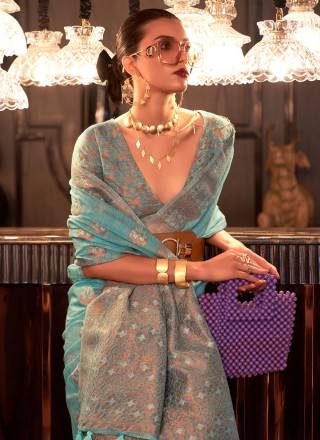 Zari Linen Blue Trendy Saree