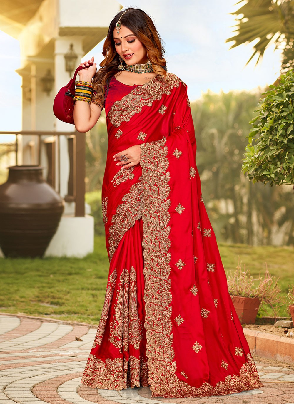 Buy Red Zari Weaving Silk Saree With Blouse Online At Zeel Clothing