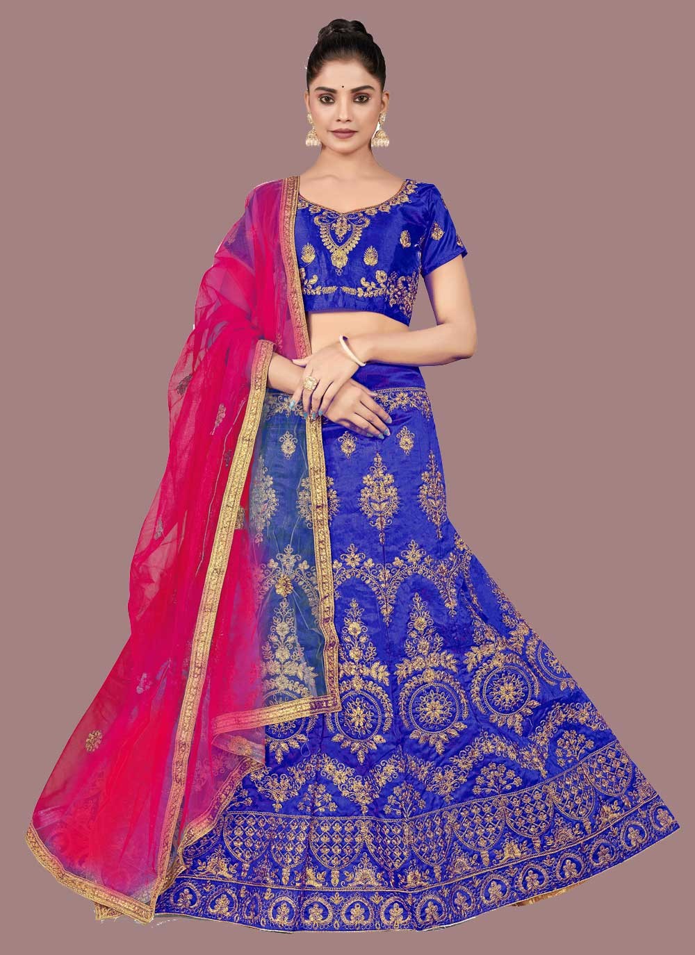Designer Pink Wedding Split Anarkali with Blue Lehenga and Embellishment -