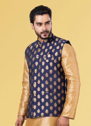 Aari and Jacquard Work Silk Nehru Jackets In Blue for Ceremonial
