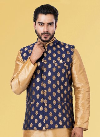 Aari and Jacquard Work Silk Nehru Jackets In Blue for Ceremonial