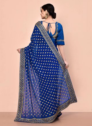 Adorable Blue Georgette Contemporary Sari with Hand Work