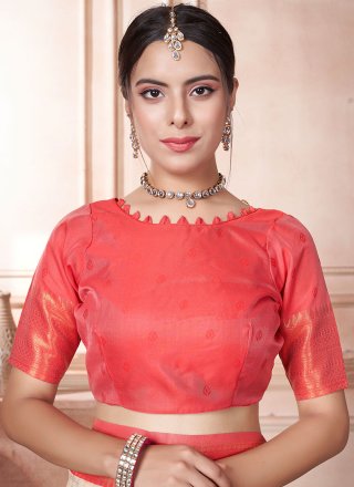 Adorable Cream and Orange Kanjivaram Silk Designer Saree with Woven Work