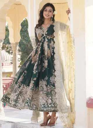 Adorning Green Silk  Designer Gown with Digital Print, Embroidered and Sequins Work