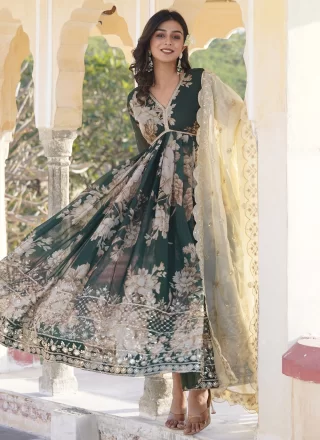 Adorning Green Silk  Designer Gown with Digital Print, Embroidered and Sequins Work