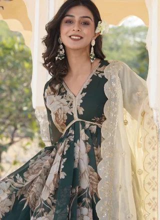Adorning Green Silk  Designer Gown with Digital Print, Embroidered and Sequins Work