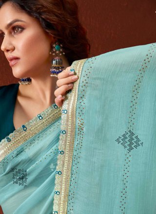 Aesthetic Aqua Blue Chinon Classic Saree