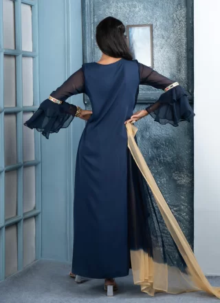 Aesthetic Blue Georgette Pant Style Suit with Patch Border, Embroidered and Swarovski Work