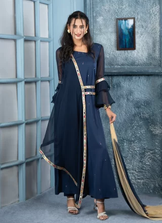 Aesthetic Blue Georgette Pant Style Suit with Patch Border, Embroidered and Swarovski Work