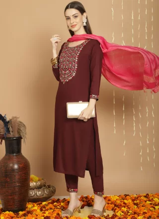 Aesthetic Brown Rayon Pant Style Suit with Embroidered Work