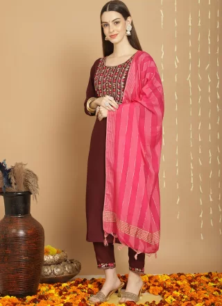 Aesthetic Brown Rayon Pant Style Suit with Embroidered Work