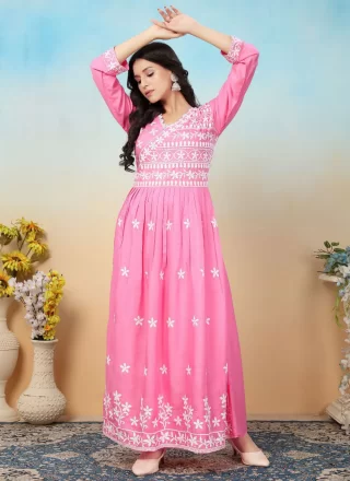 Aesthetic Pink Rayon Designer Gown with Chikankari and Embroidered Work