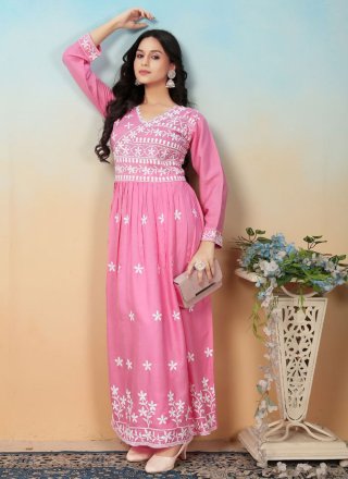 Aesthetic Pink Rayon Designer Gown with Chikankari and Embroidered Work