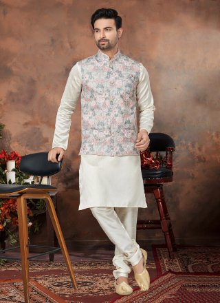 Alluring Multi Colour and Off White Cotton Silk Kurta Payjama with Jacket