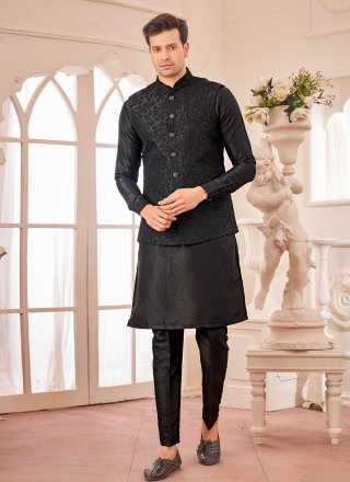 Amazing Black Art Silk Kurta Payjama with Jacket