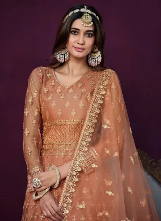 Amusing Brown Net Anarkali Suit with Embroidered and Sequins Work