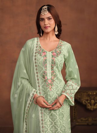 Amusing Green Organza Salwar Suit with Embroidered and Sequins Work