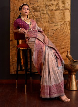 Appealing Brown and Purple Handloom Silk Contemporary Sari with Weaving Work
