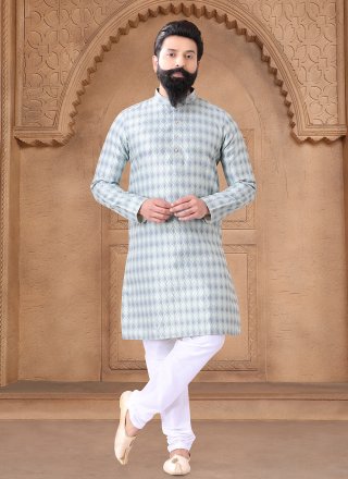 Appealing Grey Jacquard Kurta Pyjama with Fancy Work