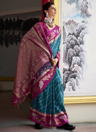 Appealing Morpeach Banarasi Silk Classic Saree with Patch Border and Weaving Work