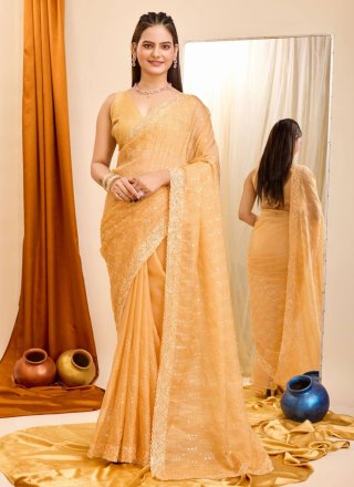 Appealing Peach Organza Designer Saree with Embroidered and Sequins Work