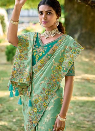 Appealing Sea Green Fancy Fabric Contemporary Sari with Embroidered, Hand, Sequins and Stone Work