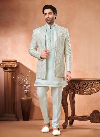 Aqua Blue and Multi Colour Art Banarasi Silk Jodhpuri Suit
