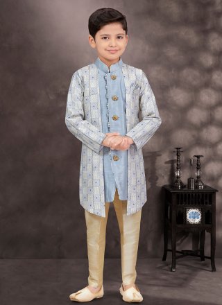 Aqua Blue and Multi Colour Banarasi Silk Buttons, Digital Print, Stone and Thread Work Sherwani Kids Wear