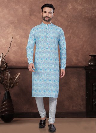 Aqua Blue and Multi Colour Rayon Kurta Mens Wear with Digital Print and Embroidered Work for Men