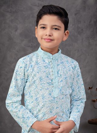 Aqua Blue and Off White Rayon Digital Print and Embroidered Work Kurta Pyjama for Kid