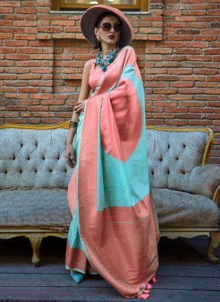 Aqua Blue and Peach Handloom Silk Weaving Work Contemporary Saree for Women