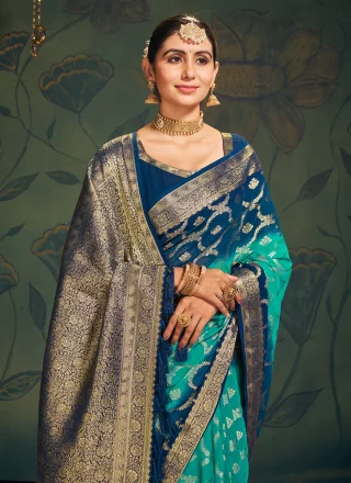 Aqua Blue and Teal Pure Georgette Contemporary Saree with Weaving Work