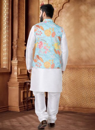 Aqua Blue and White Cotton Kurta Payjama with Jacket