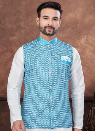 Aqua Blue and White Dupion Silk Kurta Payjama with Jacket with Buttons Work for Men
