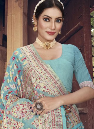 Aqua Blue Art Silk Designer Saree with Weaving Work for Casual