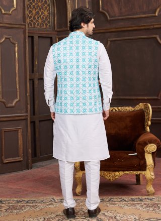 Aqua Blue Art Silk Digital Print Work Kurta Payjama with Jacket for Ceremonial