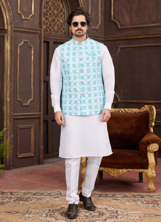 Aqua Blue Art Silk Digital Print Work Kurta Payjama with Jacket for Ceremonial