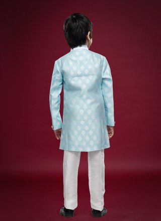 Aqua Blue Banarasi Jacquard Fancy Work Sherwani Kids Wear