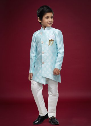 Aqua Blue Banarasi Jacquard Fancy Work Sherwani Kids Wear