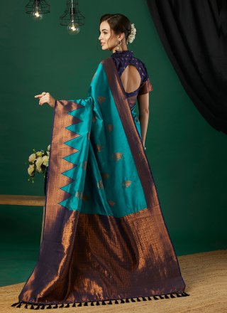 Aqua Blue Banarasi Silk Classic Sari