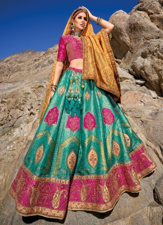 Buy Blue and pink Banarasi silk wedding lehenga choli in UK, USA and Canada