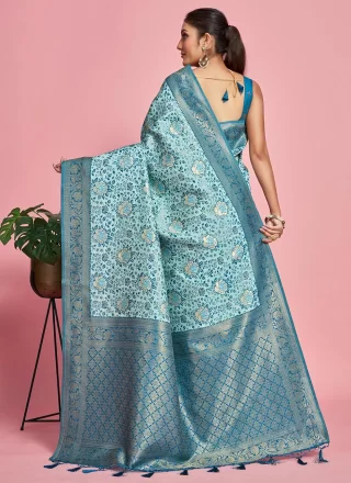 Aqua Blue Banarasi Silk Weaving Work Contemporary Saree