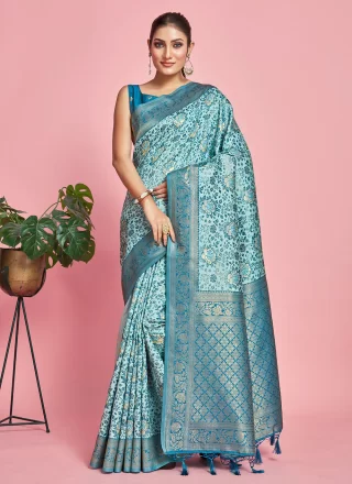 Aqua Blue Banarasi Silk Weaving Work Contemporary Saree