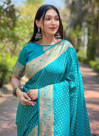 Aqua Blue Banarasi Silk Woven and Zari Work Traditional Saree for Women