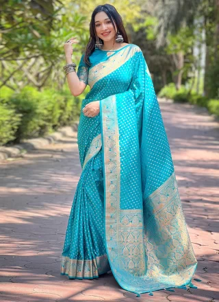 Aqua Blue Banarasi Silk Woven and Zari Work Traditional Saree for Women