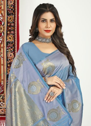 Aqua Blue Banarasi Silk Woven Work Contemporary Saree for Ceremonial