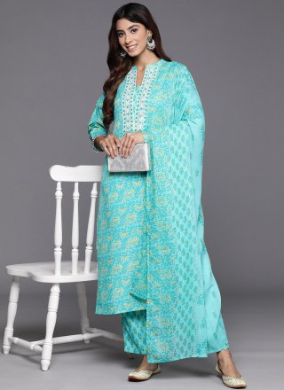 Aqua Blue Blended Cotton Embroidered Work Trendy Suit