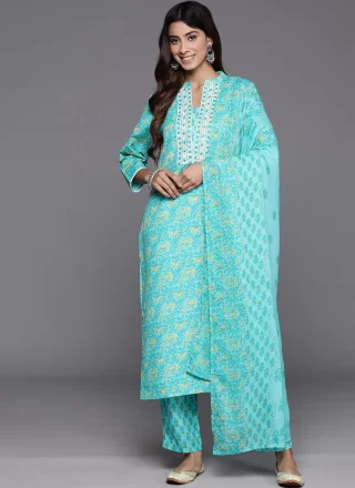 Aqua Blue Blended Cotton Embroidered Work Trendy Suit