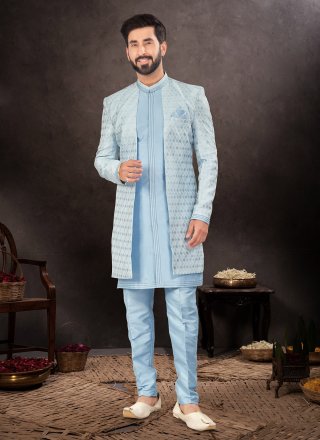 Aqua Blue Brocade Indo Western with Embroidered and Fancy Work for Men