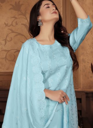 Aqua Blue Chanderi Salwar Suit with Embroidered Work